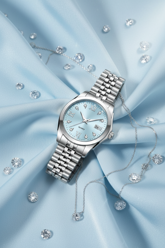 BlueGlow Women's Stainless Steel Quartz Watch – Fashion & Business, Blue Dial, Mineral Glass